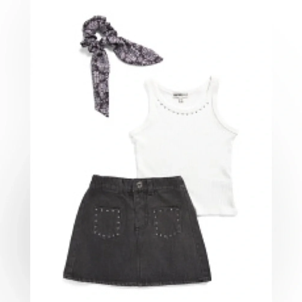 kensie girl 3 piece set w/ ribbed top, denim skirt & matching scrunchie
